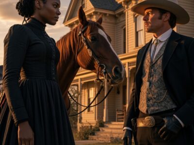 Un Rico Y Frío Vaquero Eligió A Una Mujer Negra Sobre Múltiples Bellezas—Cambiando Las Historias De Amor Del Lejano Oeste Para Siempre  El viento helado de la pradera azotaba las imponentes paredes de roble de la hacienda Los Tres Robles, haciendo crujir los ventanales en mitad de una noche oscura y silenciosa. En el centro del salón de baile, rodeado por las jóvenes más adineradas y codiciadas de toda la aristocracia del condado, Lucas permanecía inmóvil, con una postura erguida y una mirada tan gélida como los inviernos de la frontera. El hombre era el heredero indiscutible del imperio ganadero más próspero de la región, un magnate taciturno cuya fortuna y poderío hacían que docenas de familias influyentes compitieran desesperadamente por su atención y favor. Sin embargo, para sorpresa y absoluto desconcierto de la élite local, Lucas caminó lentamente hacia el extremo del salón, ignorando los abanicos desplegados, las sonrisas ensayadas y los vestidos de seda importada de las damas más acaudaladas de la capital. Se detuvo únicamente frente a Sarah, una joven de piel de ébano, ojos expresivos y una dignidad inquebrantable, que trabajaba pacientemente como botánica en la conservación de las praderas. Sin dudar un solo instante frente a la mirada atónita de la alta sociedad, el frío vaquero extendió su mano grande y firme hacia ella, la miró a los ojos con una devoción sincera y rompió años de aislamiento pronunciando una promesa que cambiaría el destino de ambos: “No busco una alianza de conveniencia ni una sonrisa fingida, Sarah… elijo tu fuerza, tu elegancia y tu alma sobre cualquier otra mujer de este valle, y haré de este hogar tu refugio inexpugnable para siempre”. En ese preciso momento, las murmuraciones de desprecio se ahogaron en el ambiente, cediendo el paso a una pasión ardiente y un compromiso indestructible que desafiaría todas las reglas del Lejano Oeste.  Para la cerrada y prejuiciosa aristocracia del condado de Río Dorado, la abierta elección de Lucas fue considerada una provocación imperdonable que amenazaba el orden tradicional de la región. Durante generaciones, las familias más poderosas habían planificado el matrimonio del magnate con la hija del gobernador local para consolidar el monopolio del comercio de ganado y las tierras de pastoreo. Sin embargo, Lucas siempre había aborrecido la falsedad y la ambición desmedida de las damas de la corte. En Sarah, el rudo vaquero descubrió no solo una mente brillante capaz de sanar la tierra y administrar las propiedades con destreza, sino también un espíritu valiente que no se doblegaba ante los prejuicios ni las amenazas de la sociedad. A medida que las semanas transcurrían en la casona, el respeto mutuo se transformó en un afecto profundo y protector, donde Lucas juró poner su nombre, sus tierras y su propia vida para blindar la tranquilidad y el honor de la mujer que había conquistado su duro corazón.  Sin embargo, el frágil entorno de paz que la pareja intentaba consolidar saltó por los aires durante la noche de la firma de las escrituras compartidas. El poderoso tío de Lucas, coludido con el juez de paz corrupto y cuatro mercenarios fuertemente armados, irrumpió violentamente en la hacienda aprovechando que una tormenta de nieve bloqueaba los caminos y dejaba incomunicado el rancho. Presentando una orden de incautación falsificada y acusando a Sarah de haber embrujado al hacendado para apoderarse ilícitamente del patrimonio familiar, los intrusos exigieron la expulsión inmediata de la joven y la transferencia completa del imperio ganadero antes del amanecer. Amenazando con ejecutar a Lucas bajo cargos de traición al condado y prender fuego a las dependencias de madera si intentaban pedir auxilio, los agresores atrancaron los accesos de la casona, incendiaron los porches exteriores y acorralaron a la pareja en la suite principal mientras el humo denso amenazaba con asfixiarlos.  Acorralados contra el balcón del piso superior mientras los asaltantes derribaban la pesada puerta de roble con hachas y los disparos atravesaban los espejos de la estancia, Lucas colocó su cuerpo como escudo para proteger la vida de Sarah, mientras la joven buscaba desesperadamente en la caja fuerte el documento oficial del gobernador federal que desautorizaba al juez corrupto y ratificaba la plena legalidad de sus propiedades.  ¿Lograrán el indomable ranchero y la valiente botánica romper el cerco de los mercenarios y exponer la gran conspiración antes de que el fuego destruya la casona por completo, o terminará su historia de amor consumida por las cenizas de la codicia y el odio?  Si estuvieras en el lugar de Lucas y tuvieras que elegir entre mantener el respaldo de la aristocracia para conservar tu imperio intacto o arriesgar toda tu fortuna y tu reputación por proteger al amor verdadero, ¿qué camino decidirías tomar? ¡Déjanos tu respuesta en los comentarios y comparte tu punto de vista con toda la comunidad!