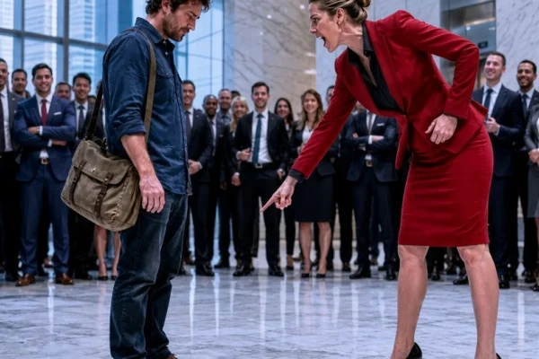 El majestuoso atrio de mármol italiano de la torre corporativa más prestigiosa del centro financiero resonaba con el murmullo arrogante de inversores internacionales y ejecutivos de élite, hasta que la voz altanera y despectiva de una recién nombrada directora de adquisiciones quebró por completo la solemnidad del lugar. En medio del vestíbulo impoluto, junto a una imponente escultura de bronce vanguardista, se encontraba un humilde padre soltero de treinta y cuatro años, con la cazadora vaquera desgastada por interminables jornadas de esfuerzo, botas de trabajo cubiertas por una fina capa de polvo y una mochila escolar desgastada colgando de su hombro mientras sujetaba la pequeña mano de su hija de cinco años. Había ingresado al rascacielos únicamente para entregar una carpeta con presupuestos de mantenimiento básico y retirar un documento notarial que su difunto abuelo le había legado antes de partir. Sin embargo, la despótica ejecutiva, obsesionada con proyectar una imagen de estatus inmaculado ante una delegación de banqueros suizos que acababa de cruzar las puertas giratorias, frenó en seco sus tacones de diseñador, lo señaló con el dedo índice y exigió a viva voz que el personal de seguridad armada desalojara de inmediato a aquel individuo andrajoso para evitar que su lamentable estampa contaminara el prestigio visual de una compañía valorada en veinte mil millones de dólares.  El joven padre, templado por las adversidades de la vida y el dolor inconmensurable de haber perdido a su esposa en un trágico accidente tres años atrás, mantuvo una serenidad imperturbable para no asustar a la niña que se aferraba con ternura a su pierna. Con un tono sumamente educado y firme, le explicó a la altiva mujer que no estaba pidiendo limosna, que tenía una cita formal en el departamento jurídico y que merecía el mismo trato digno que cualquier otro ciudadano presente. Lejos de apaciguar el conflicto, la compostura de aquel hombre sencillo desató la furia desmedida de la directora, quien arrebató con desdén un billete de cincuenta dólares de su bolso de piel, lo arrojó con crueldad sobre las botas del trabajador y gritó ante decenas de testigos que la gente insignificante de su clase debía aprender a permanecer en los suburbios subterráneos, advirtiéndole que si no se marchaba a rastras en ese preciso instante se encargaría personalmente de que terminara encerrado en un calabozo estatal sin derecho a fianza.  La burla despiadada se congeló en el aire cuando las puertas del elevador presidencial de titanio se abrieron de par en par con un repique metálico que paralizó a los presentes. Una comitiva de doce socios principales, liderada por el prestigioso presidente del consorcio fiduciario más hermético de la nación y escoltada por auditores internacionales, atravesó a toda prisa el vestíbulo con los rostros completamente desencajados por el pánico. La directora creyó erróneamente que la cúpula directiva acudía a respaldar su implacable disciplina corporativa, pero antes de que pudiera balbucear un saludo zalamero, el presidente del consejo la apartó violentamente con un empujón y cayó de rodillas sobre el frío pavimento frente al padre soltero, seguido por la reverencia absoluta de los abogados más poderosos del continente. Con las manos empapadas en sudor frío y la voz entrecortada por un temblor inocultable, el anciano magnate le presentó un pergamino encuadernado en terciopelo negro y proclamó ante el vestíbulo atónito la verdad que sacudió los cimientos de la alta sociedad: aquel hombre al que acababan de escupir no era un intruso indigente, sino el legítimo e indiscutible beneficiario universal de la legendaria corporación multinacional, cuya absorción hostil y compra total por veinte mil millones de dólares se había ejecutado en secreto esa misma madrugada a través de una cláusula fiduciaria blindada que su abuelo industrial había madurado en bancos offshore durante cuatro décadas sin que el humilde nieto tuviera la menor idea del monstruoso imperio que estaba a punto de heredar.  La soberbia ejecutiva retrocedió tambaleándose mientras el color abandonaba por completo sus mejillas, comprendiendo con un horror desgarrador que acababa de insultar y pisotear al dueño absoluto de cada centímetro del edificio, de su propio contrato laboral y del capital financiero que sostenía los salarios de toda la directiva. Pero el estupor del público apenas comenzaba, pues entre los documentos de adjudicación que el estupefacto padre comenzó a hojear con manos callosas, saltó a la luz una auditoría confidencial de emergencia con sellos de la fiscalía anticorrupción: la misma mujer que pretendía expulsarlo como a un criminal llevaba catorce meses desviando fraudulentamente millones de dólares a través de firmas fantasma, conspirando para llevar a la quiebra técnica a la propia empresa antes de que el misterioso comprador asumiera el mando esa misma mañana.  Con las sirenas de las patrullas policiales resonando ya en la avenida principal y los agentes de seguridad del estado bloqueando todas las salidas de emergencia de la torre, el nuevo y asombrado propietario sostiene la orden judicial de arresto inmediato contra su agresora, encontrándose a un solo paso de decidir si permitirá que la conspiración destruya a miles de empleados inocentes o transformará la compañía entera en un refugio comunitario que jamás vuelva a tolerar el abuso de los poderosos.  Conoce la historia completa y sé testigo de este giro monumental donde la prepotencia de la élite chocó contra la justicia más inesperada y fulminante.  Si tras haber sido humillado públicamente y tratado como basura descubrieras en ese mismo instante que posees el poder financiero absoluto para arruinar a tu agresora para siempre, ¿ejecutarías tu venganza con todo el peso de la ley sin contemplaciones, o le concederías el perdón demostrando que el dinero no ha corrompido tu nobleza?